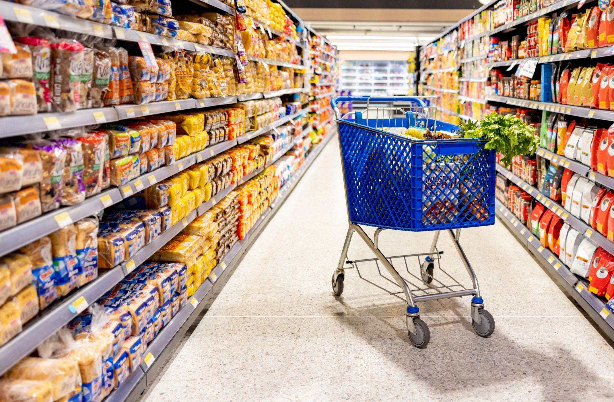 Shopping cart in supermarket aisle