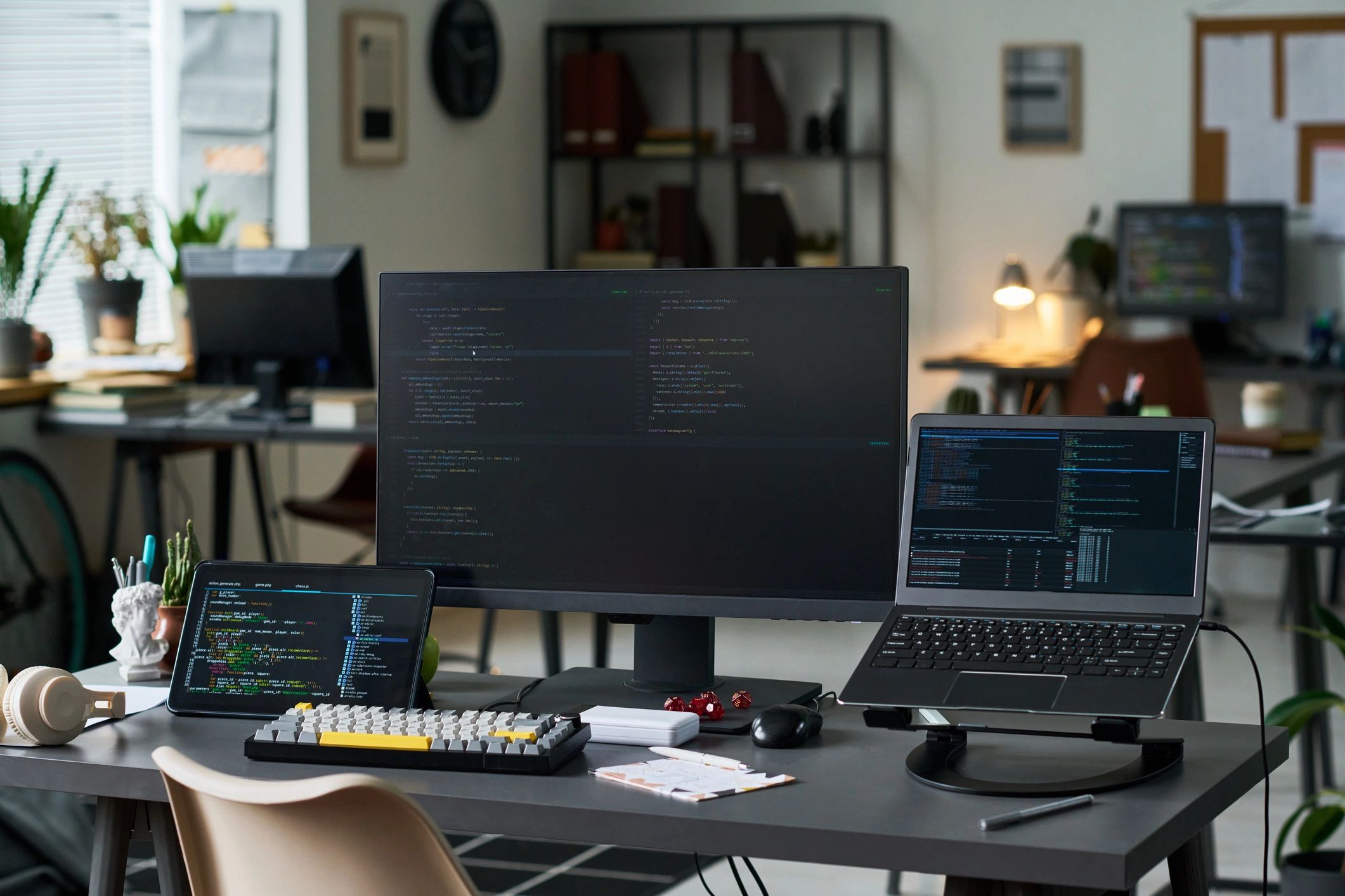 Modern office workstation with software screens